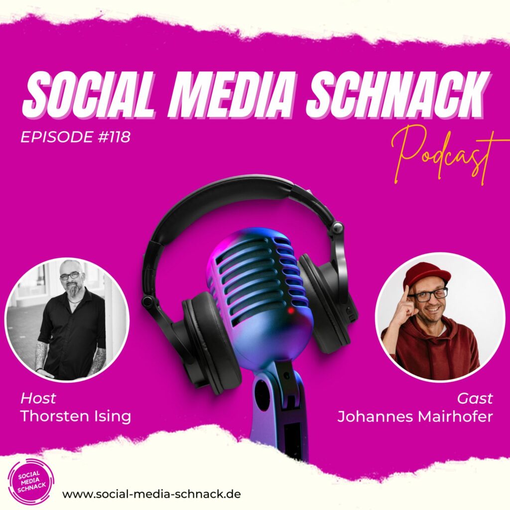 Sharepic mit dem Titel "Social Media Schnack Podcast". Außerdem sieht man Fotos von Thorsten und Johannes