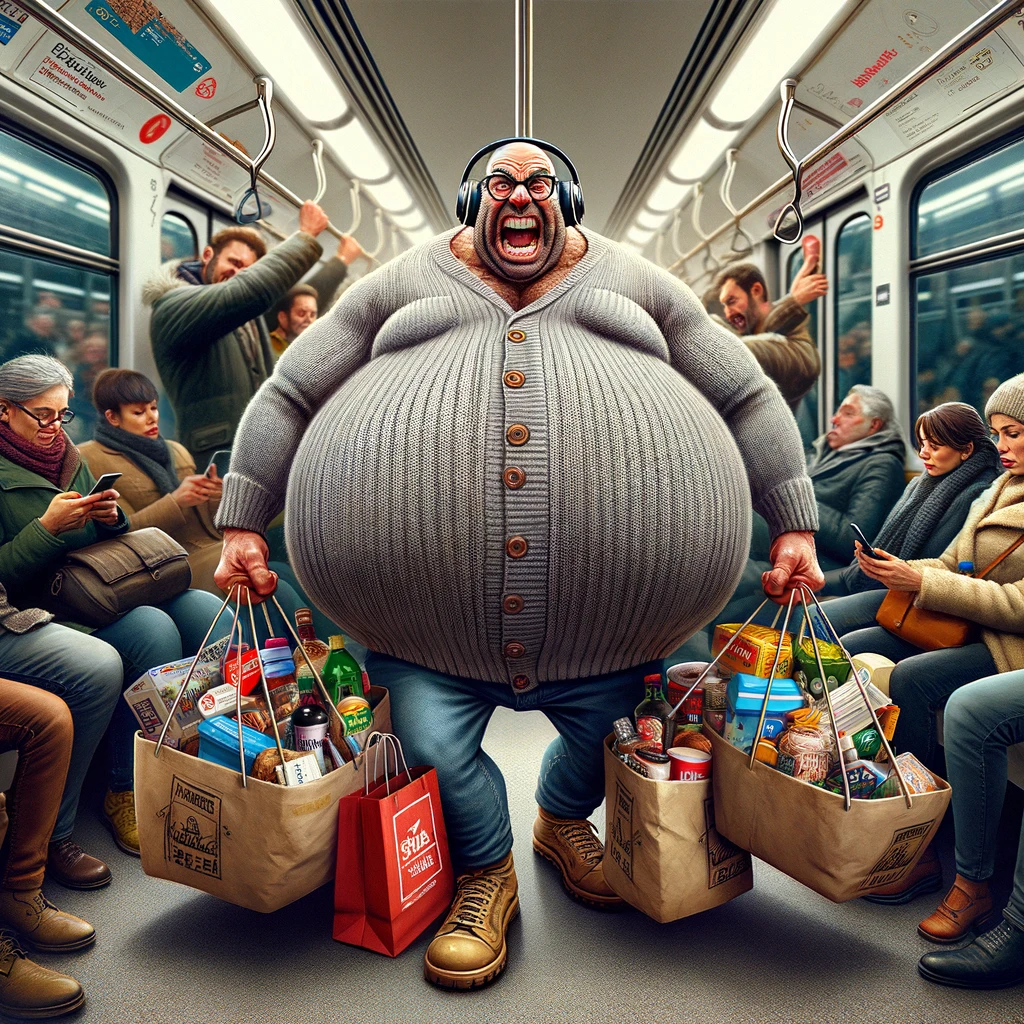 Grafik von einer Comic Figur, die mit vollen Einkaufstüten in einer vollen U-Bahn steht