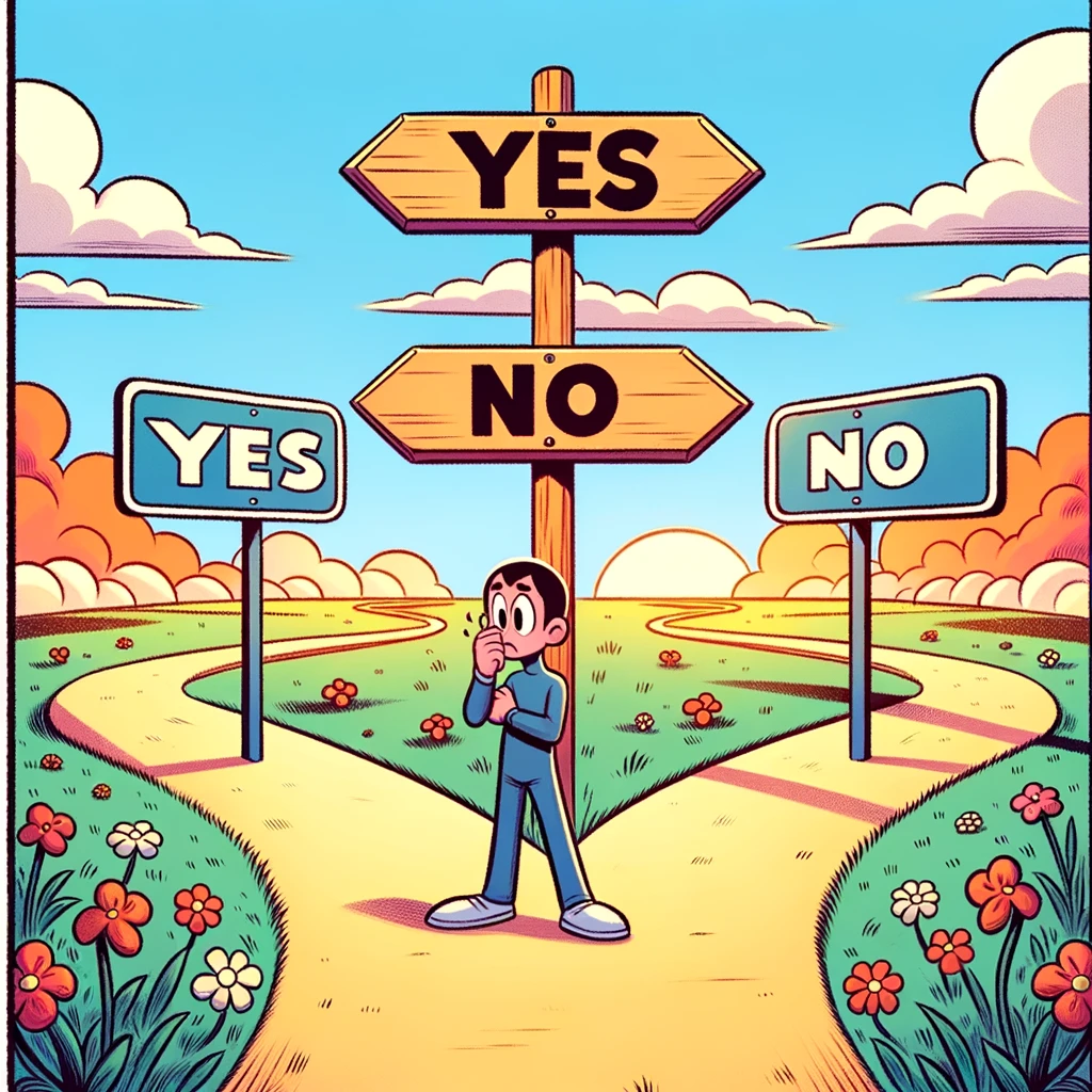 Grafik von einer Comic Figur, die sich entscheiden muss zwischen YES oder NO