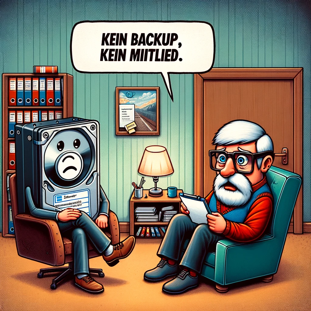 Grafik von einer Festplatte, die auf einem Stuhl und einem Mann gegenüber sitzt, Der Mann sagt "Kein Backup, kein Mitleid"