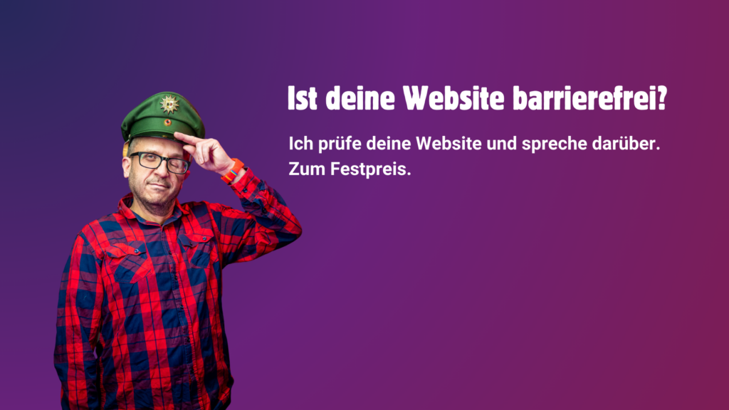 Sharepic mit Johannes und Schriftzug: "Ist deine Website barrierefrei?"