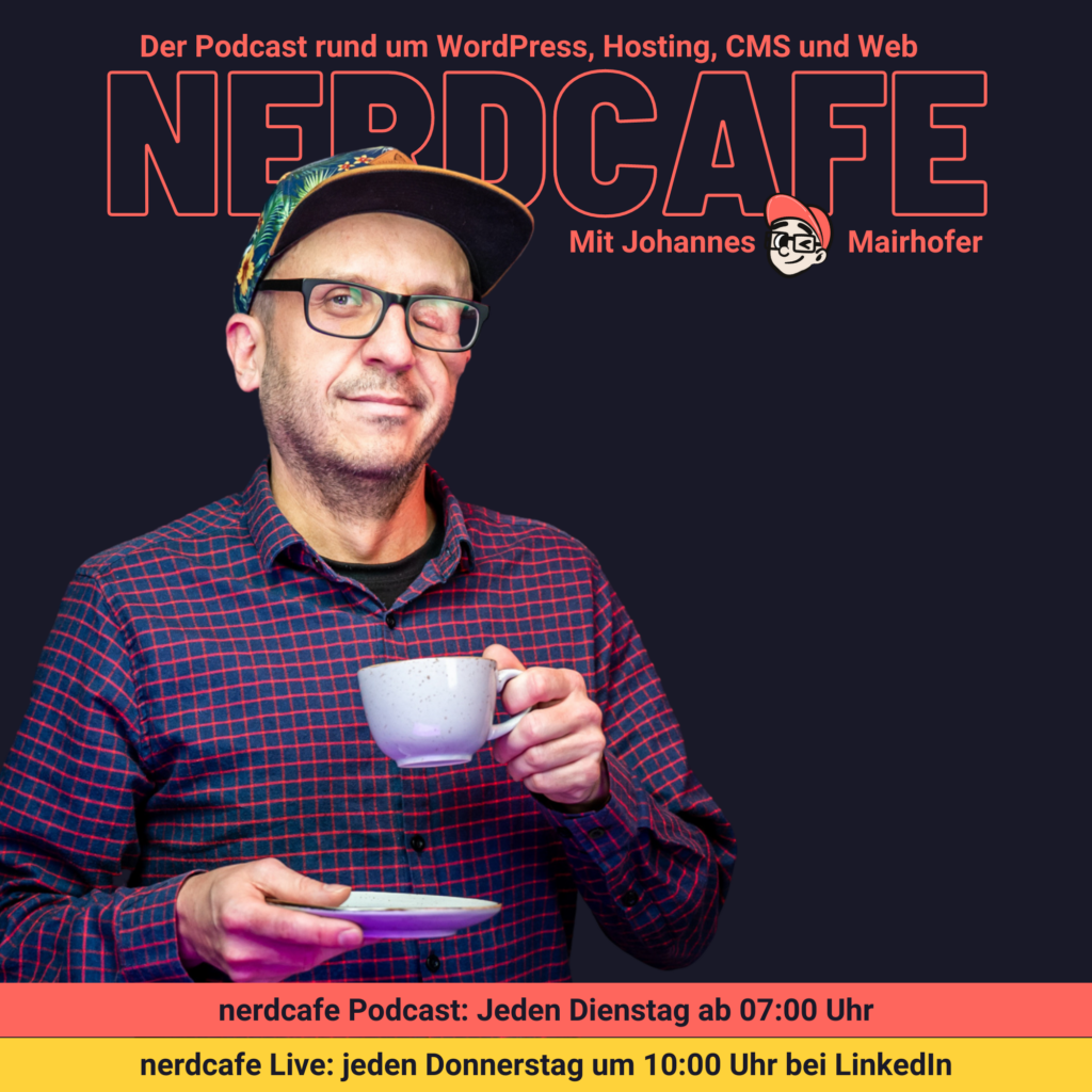 Podcast Cover mit Johannes Mairhofer, der eine Tasse in der Hand hat und "NERDCAFE" Schrift