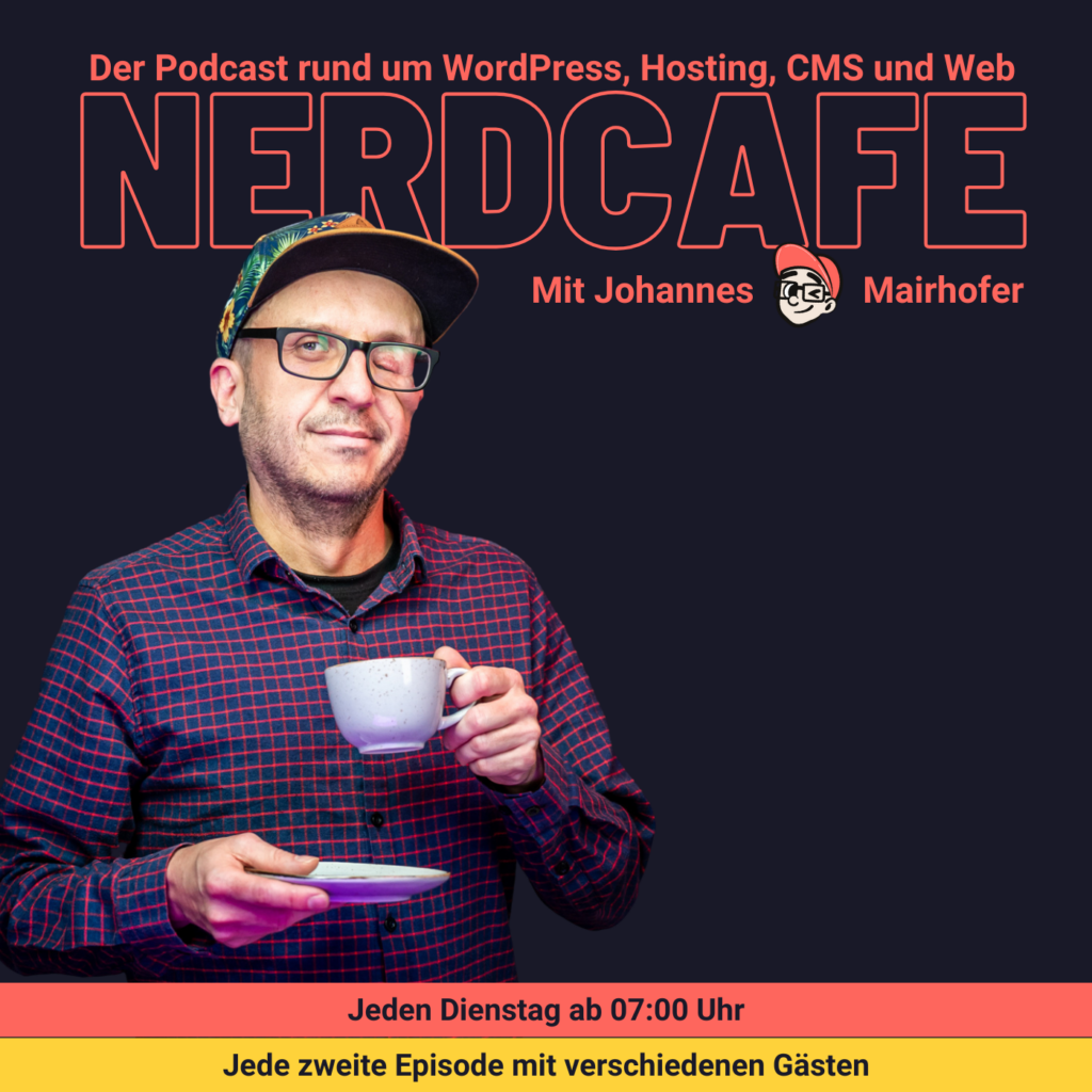 Podcast Cover mit Johannes Mairhofer, der eine Tasse in der Hand hat und "NERDCAFE" Schrift